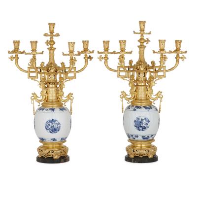 Pair of Chinese porcelain and French Chinoiserie style gilt bronze candelabra