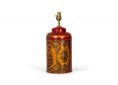 Pair of Chinoiserie Red and Gold Hand Painted Tole Tea Caddy Table Lamps