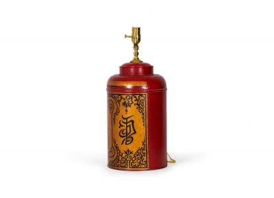 Pair of Chinoiserie Red and Gold Hand Painted Tole Tea Caddy Table Lamps