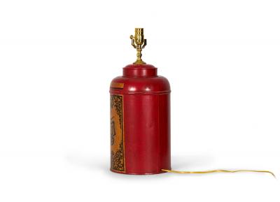 Pair of Chinoiserie Red and Gold Hand Painted Tole Tea Caddy Table Lamps