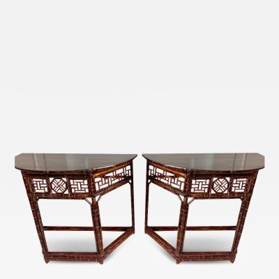 Pair of Chinoiserie Style Regency Bamboo Demilune Tables