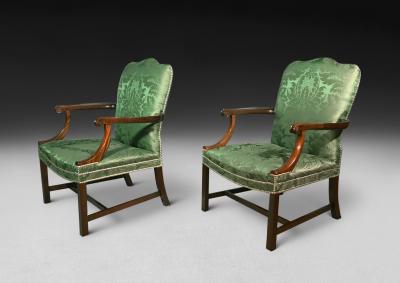 Pair of Chippendale Period Mahogany Gainsborough Arm Chairs