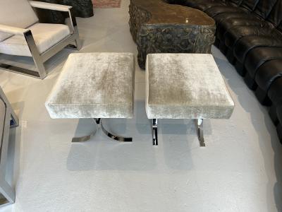 Pair of Chromed Steel Velvet Ottomans