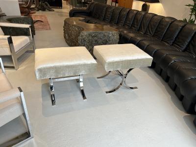 Pair of Chromed Steel Velvet Ottomans