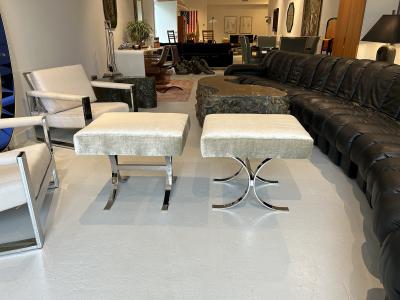 Pair of Chromed Steel Velvet Ottomans