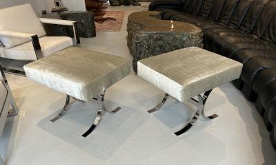Pair of Chromed Steel Velvet Ottomans