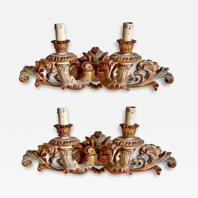 Pair of Circa 1880 Pair Italian 2 lite Rococo Wood Sconces