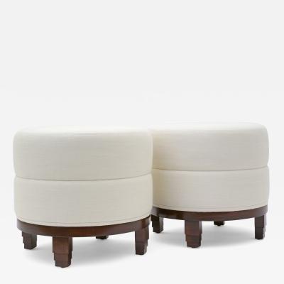 Pair of Circular Art Deco Style Upholstered Walnut Stools