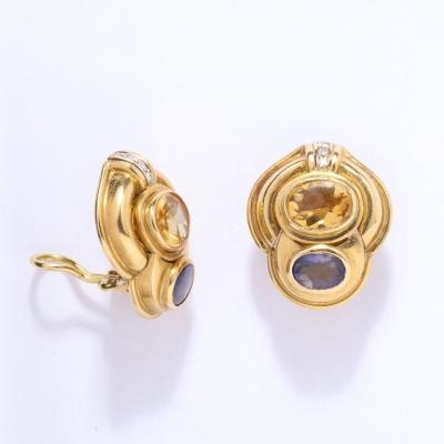 Pair of Citrine Iolite Diamond and 18k Yellow Gold Earrings