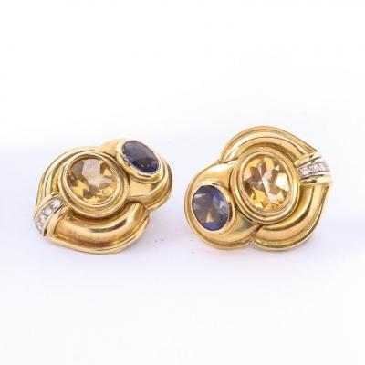 Pair of Citrine Iolite Diamond and 18k Yellow Gold Earrings
