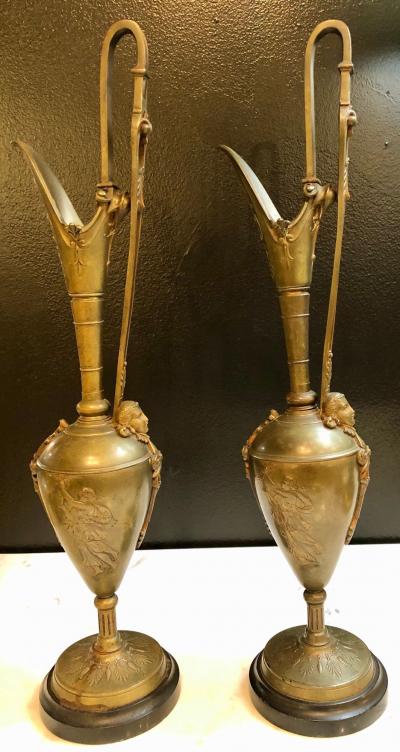 Pair of Classical Figural Bronze Neoclassical Ewers 19th Century