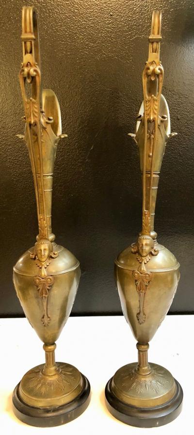 Pair of Classical Figural Bronze Neoclassical Ewers 19th Century