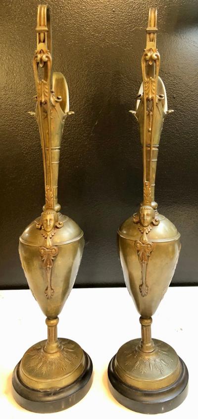 Pair of Classical Figural Bronze Neoclassical Ewers 19th Century