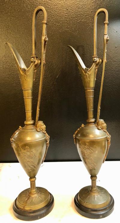 Pair of Classical Figural Bronze Neoclassical Ewers 19th Century