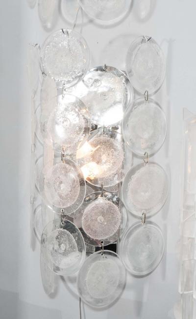 Pair of Clear Pulegoso Murano Glass Disc Sconces