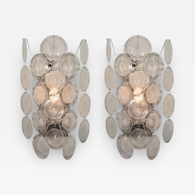 Pair of Clear Pulegoso Murano Glass Disc Sconces