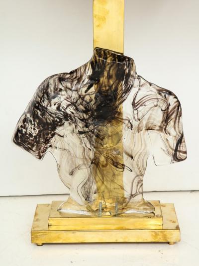 Pair of Clear and Black Swirl Murano Glass Sculptural Male Bust Lamps Italy