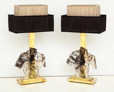 Pair of Clear and Black Swirl Murano Glass Sculptural Male Bust Lamps Italy