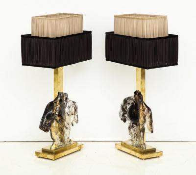 Pair of Clear and Black Swirl Murano Glass Sculptural Male Bust Lamps Italy