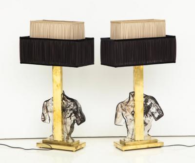 Pair of Clear and Black Swirl Murano Glass Sculptural Male Bust Lamps Italy