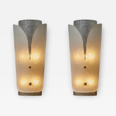 Pair of Clear and Frosted Textured Murano Glass Wall Sconces