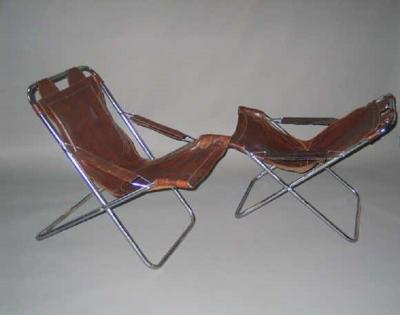 Pair of Collapsible French Mid Century Modern Leather Lounge Chairs by Lama