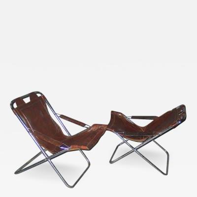 Pair of Collapsible French Mid Century Modern Leather Lounge Chairs by Lama