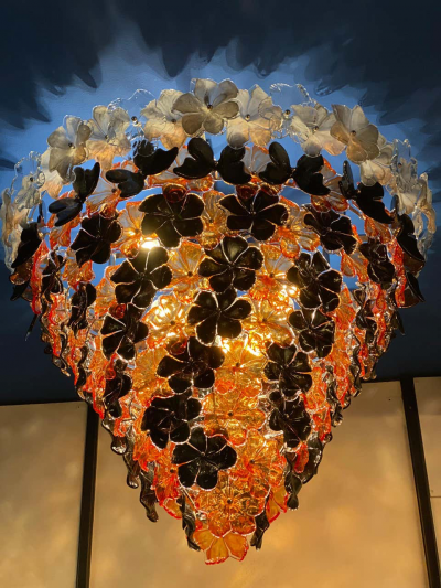 Pair of Contemporary Black and Orange Flower Stunning Murano Glass Chandelier