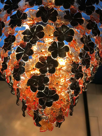 Pair of Contemporary Black and Orange Flower Stunning Murano Glass Chandelier