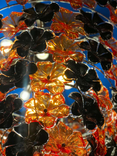 Pair of Contemporary Black and Orange Flower Stunning Murano Glass Chandelier