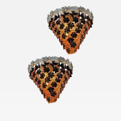 Pair of Contemporary Black and Orange Flower Stunning Murano Glass Chandelier
