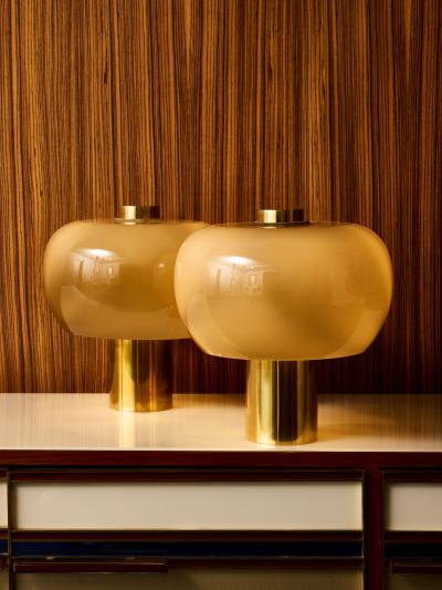 Pair of Contemporary Brass and Smoked Glass Table Lamps