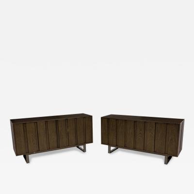 Pair of Contemporary Dark Wood Veneer Three Compartment Sideboards