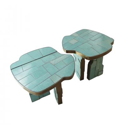 Pair of Contemporary Italian Blue Turquois Side Tables Made of Ceramic and Brass