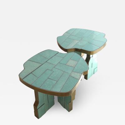 Pair of Contemporary Italian Blue Turquois Side Tables Made of Ceramic and Brass