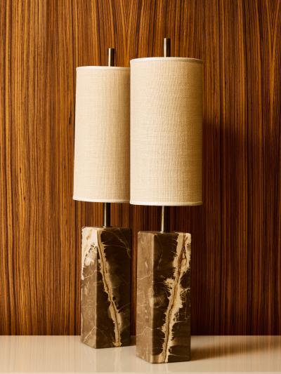 Pair of Contemporary Marble Table Lamps with Sculptural Rectangular Bases