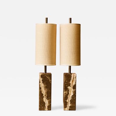 Pair of Contemporary Marble Table Lamps with Sculptural Rectangular Bases