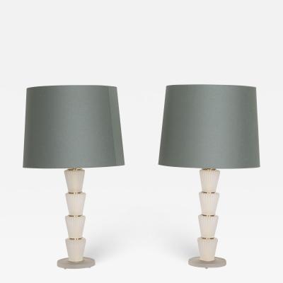Pair of Contemporary Modern Murano Glass Table Lamps with Green Shades