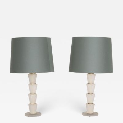 Pair of Contemporary Modern Murano Glass Table Lamps with Green Shades