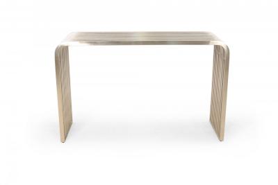 Pair of Contemporary Silver Metal Curved Metal Slat Console Tables