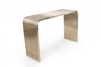 Pair of Contemporary Silver Metal Curved Metal Slat Console Tables