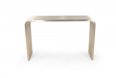 Pair of Contemporary Silver Metal Curved Metal Slat Console Tables