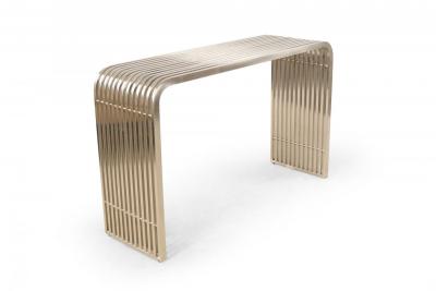 Pair of Contemporary Silver Metal Curved Metal Slat Console Tables