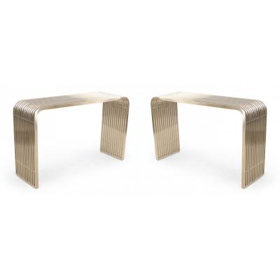 Pair of Contemporary Silver Metal Curved Metal Slat Console Tables