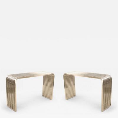 Pair of Contemporary Silver Metal Curved Metal Slat Console Tables