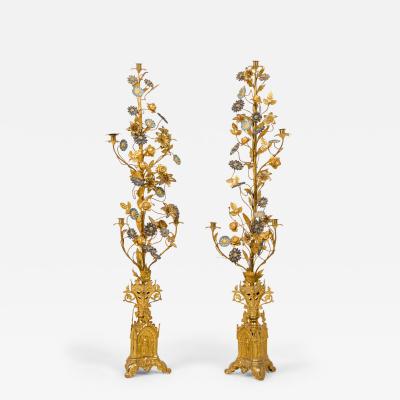 Pair of Continental Brass and Enamel Floral Candelabra