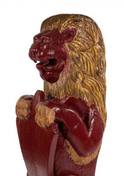 Pair of Continental Dutch Red Painted Pine Lions