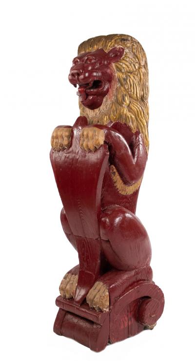 Pair of Continental Dutch Red Painted Pine Lions