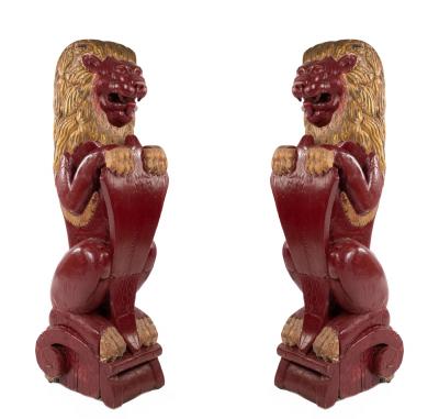 Pair of Continental Dutch Red Painted Pine Lions
