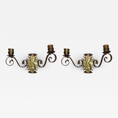Pair of Continental German Hammered Brass Wall Sconces
